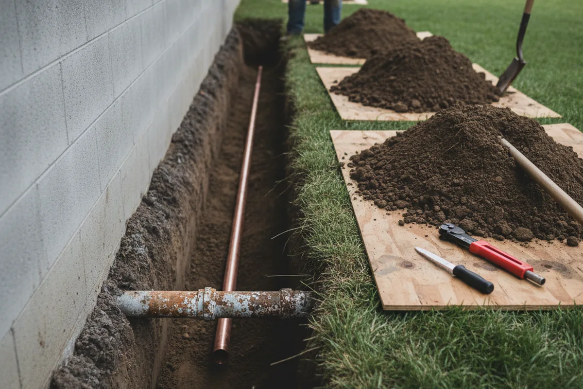 Excavated water line trench during Water Softener Installation in Cobb